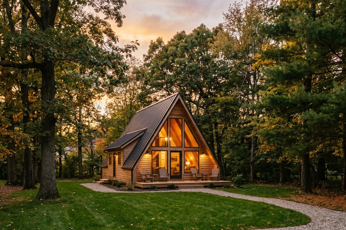 Modern A-frame cabin in a wooded South Euclid setting at golden hour with warm interior lights glowing