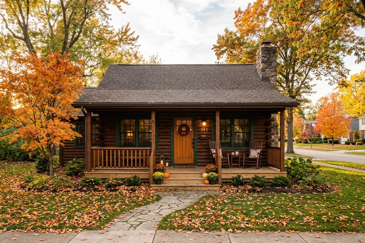 Rustic cabin rental home with a covered front porch and wooden rocking chairs in autumn