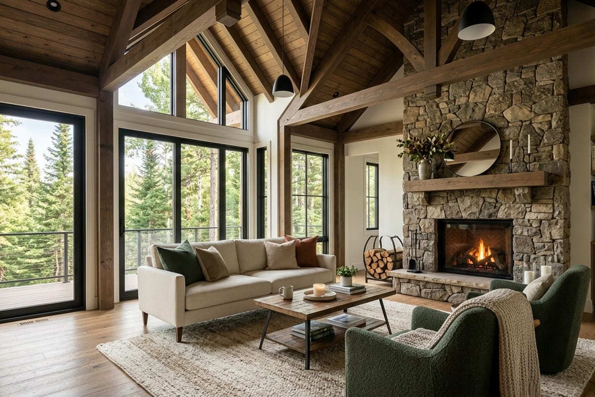 Modern cabin living room with vaulted wood beam ceilings, a stone fireplace, and large windows