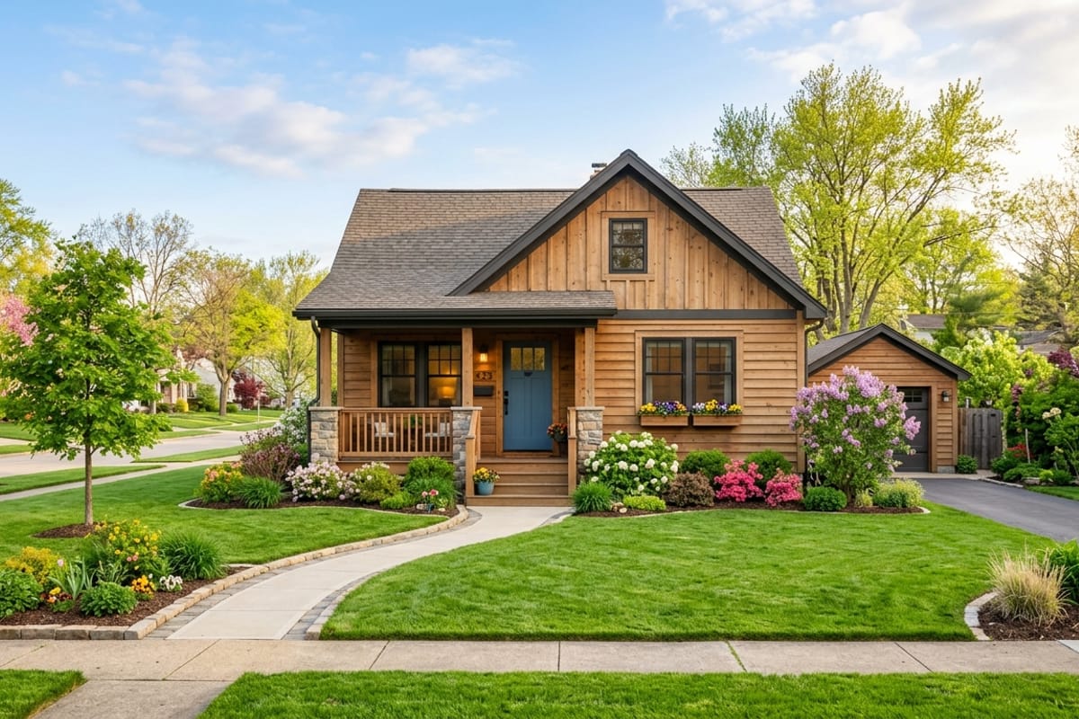 Small affordable single family cabin style home with a fresh green lawn in spring