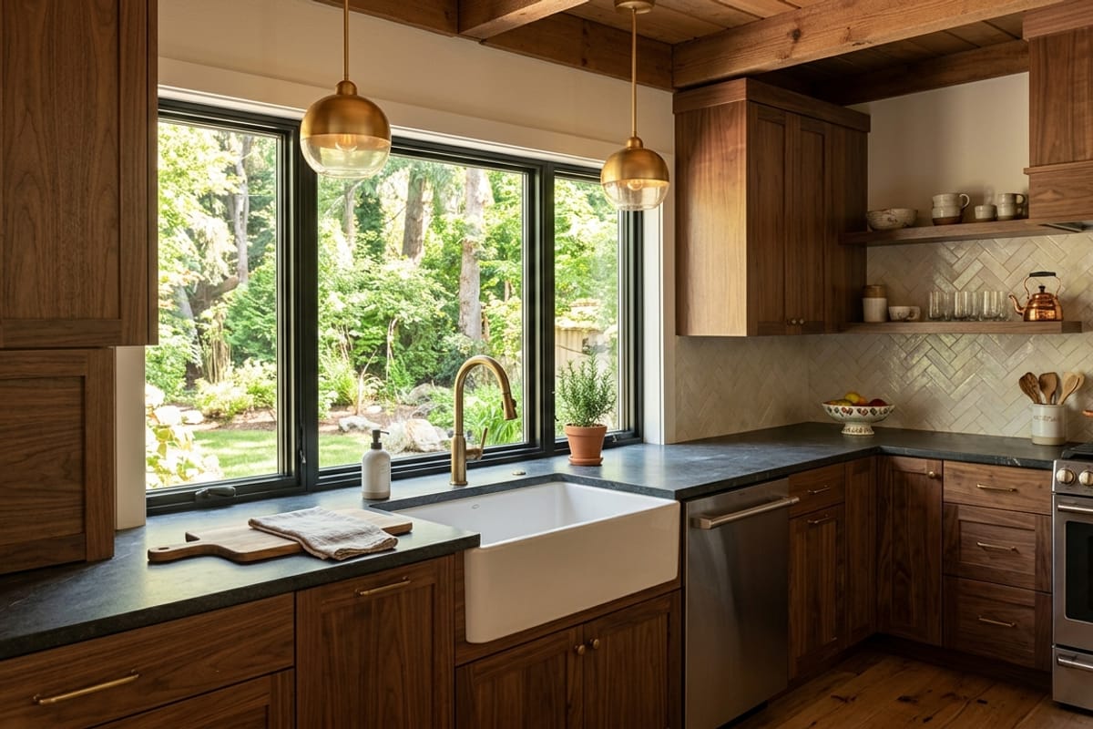 Modern cabin kitchen with warm wood cabinets, stone countertop, and a window over the sink
