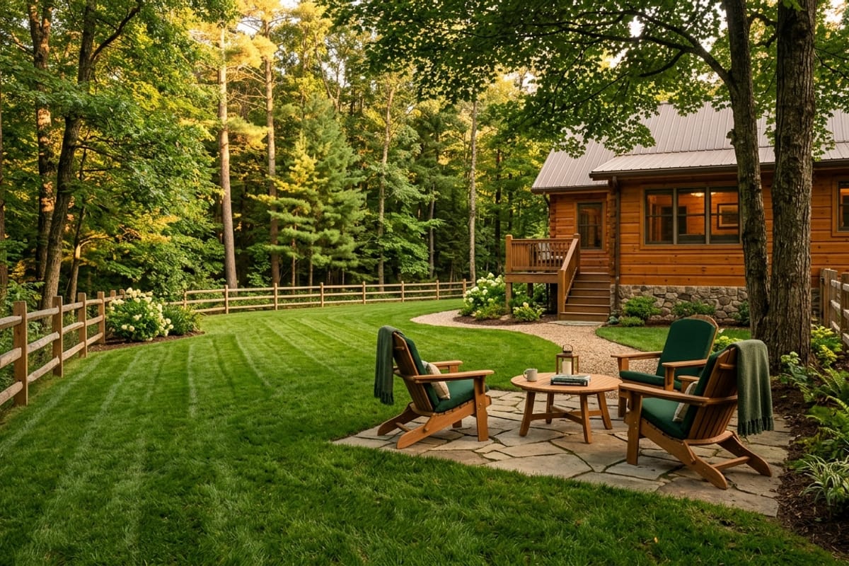 Well maintained cabin rental backyard with a freshly mowed green lawn and outdoor patio seating