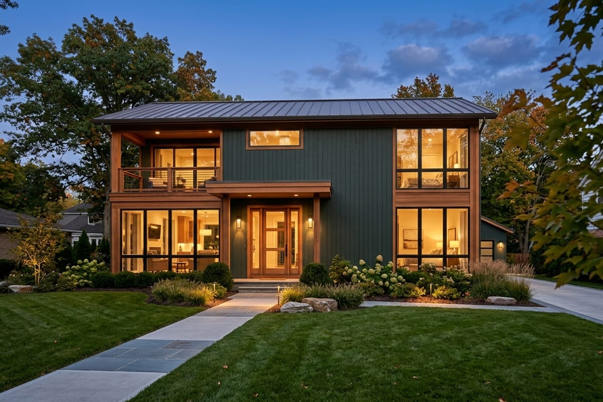 Two story modern cabin home with dark green siding and natural wood trim at twilight
