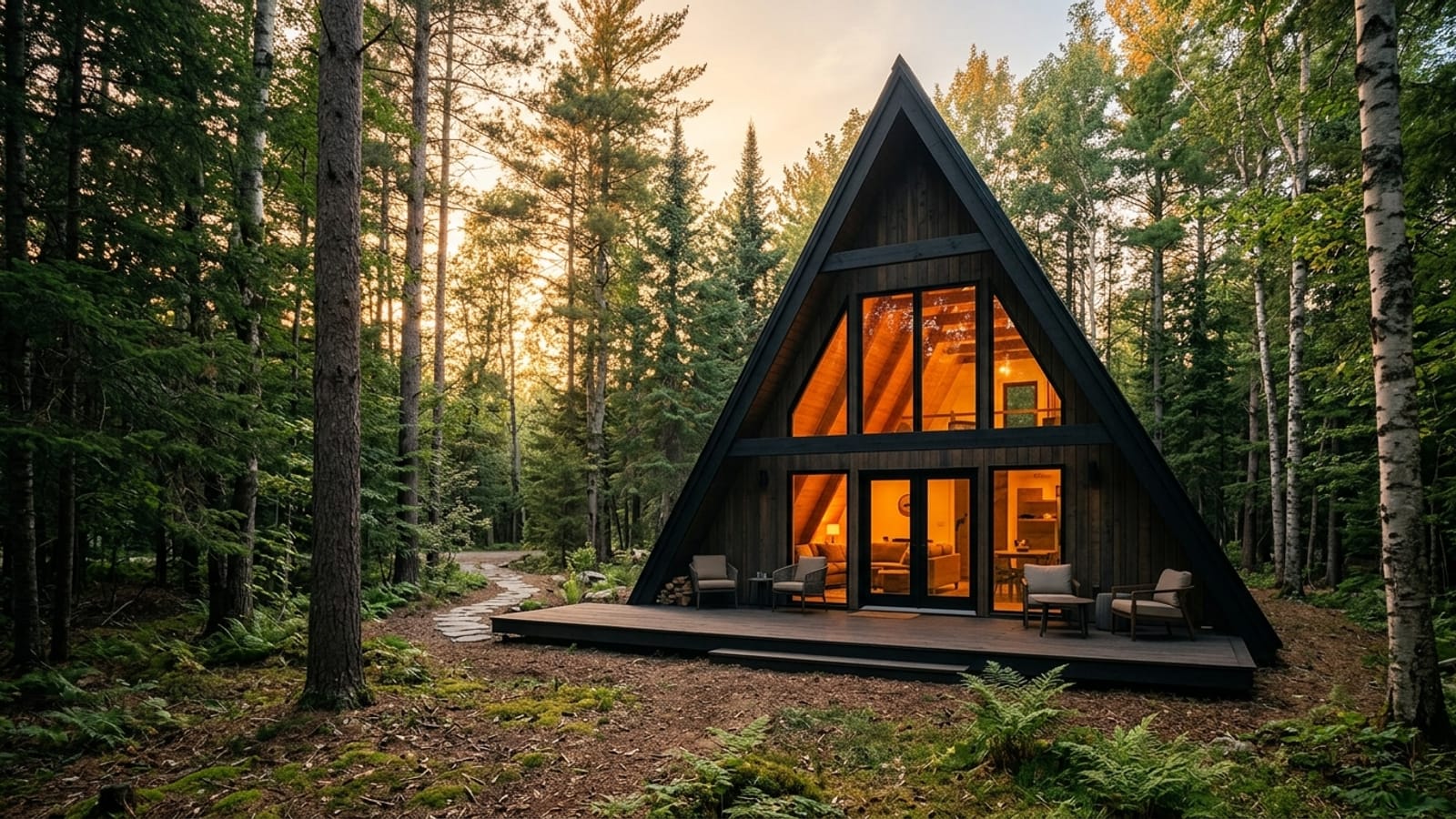 A modern A-frame cabin glowing with warm light in a wooded setting at golden hour