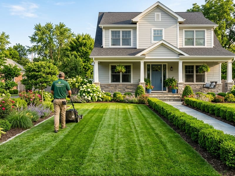 A neatly mowed lawn with trimmed hedges maintained by a professional crew